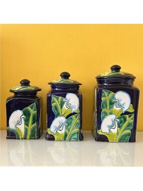 Talavera Pottery Calla Lily Cookie Storage Jars Floral Ceramic Canister Set of 3